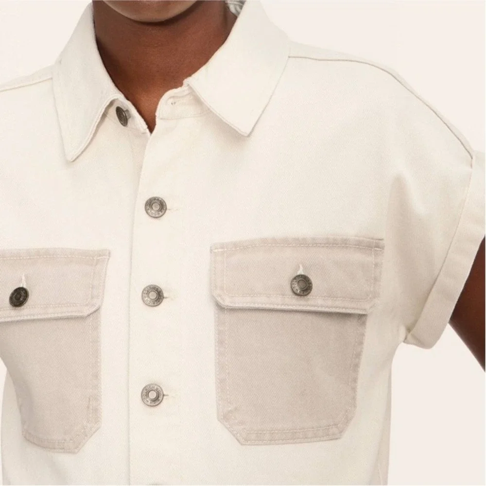 Woolrich Short Sleeve Denim Western Jumpsuit Women's Size 00 Cream NWT‎